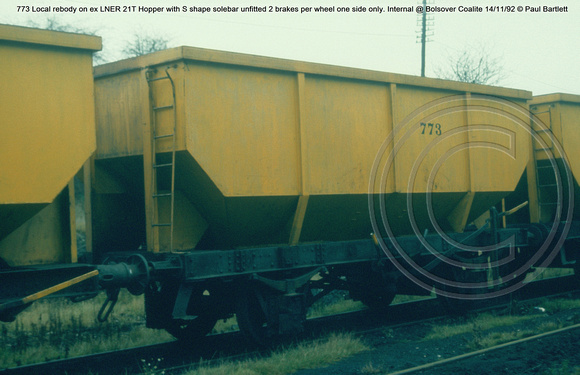 773 Local rebody on ex LNER 21T Hopper with S shape solebar unfitted  Internal @ Bolsover Coalite 92-11-14 © Paul Bartlett w
