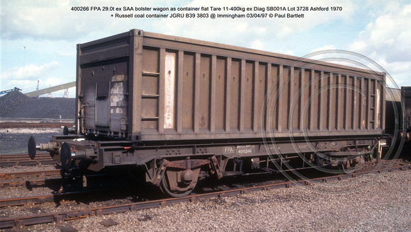 400266 FPA ex SAA bolster wagon as container flat ex Diag SB001A Lot 3728 Ashford 1970 + Russell coal container JGRU B39 3803 @ Immingham 97-04-03 © Paul Bartlett w