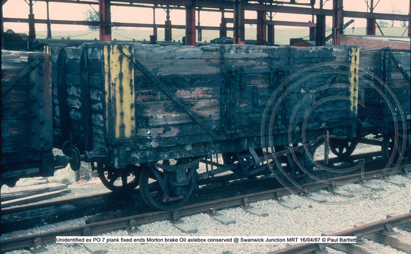 Unidentified ex PO 7 plank fixed ends Morton brake conserved @ Swanwick Junction MRT 87-04-16 © Paul Bartlett w