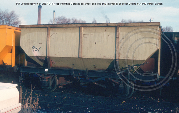 957 Local rebody on ex LNER 21T Hopper unfitted Internal @ Bolsover Coalite 92-11-14 © Paul Bartlett w