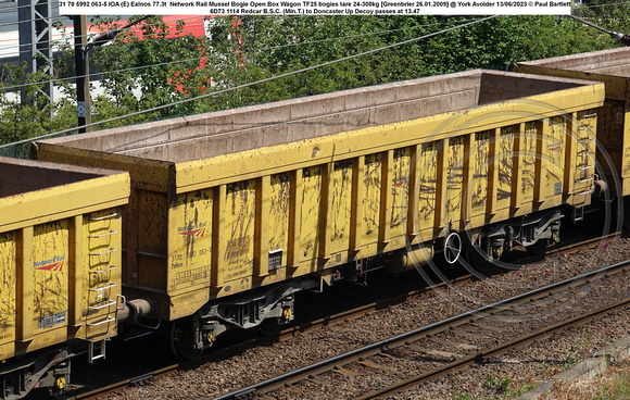 31 70 5992 063-5 IOA (E) Ealnos 77.3t  Network Rail Mussel Bogie Open Box Wagon TF25 bogies tare 24-300kg [Greenbrier 26.01.2009] @ York Avoider 2023-06-13 © Paul Bartlett w