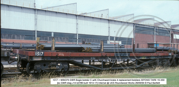 1317 = W84375 GWR Bogie bolster C Internal @ UES Roundwood Works 94-06-26 � Paul Bartlett [1w]