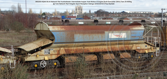 380209 HQAH 64.4t Network Rail Autoballaster intermediate hopper [built Doncaster 2001] Tare 25-600kg @ York Network Rail Reception Sidings 2016-02-22 © Paul Bartlett [03w]