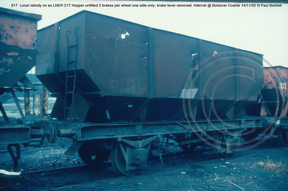 817 Local rebody on ex LNER 21T Hopper unfitted Internal @ Bolsover Coalite 92-11-14 © Paul Bartlett w