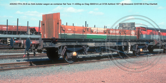 400262 FPA ex SAA bolster wagon as container flat ex Diag SB001A Lot 3728 Ashford 1971 @ Mossend 90-07-22 © Paul Bartlett w