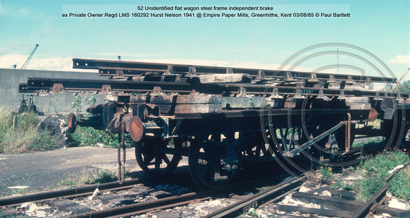 52 Unidentified flat wagon ex PO Regd LMS 160292 Hurst Nelson 1941 @ Empire Paper Mills, Greenhithe, Kent 85-08-03 © Paul Bartlett