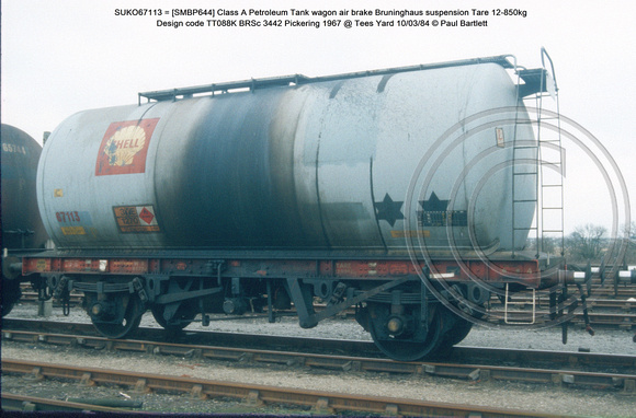 SUKO67113 = [SMBP644] Class A Petroleum Tank wagon air brake Design code TT088K BRSc 3442 Pickering 1967 @ Tees Yard 84-03-10 © Paul Bartlett w