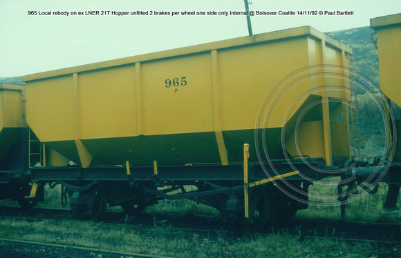 965 Local rebody on ex LNER 21T Hopper unfitted Internal @ Bolsover Coalite 92-11-14 © Paul Bartlett w