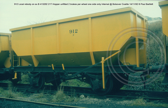912 Local rebody on ex B 413202 21T Hopper unfitted Internal @ Bolsover Coalite 92-11-14 © Paul Bartlett w