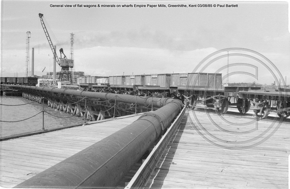 General view of flat wagons & minerals on wharfs Empire Paper Mills, Greenhithe, Kent 85-08-03 © Paul Bartlett w