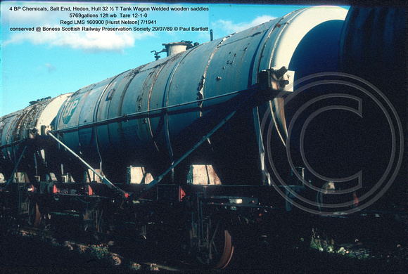 4 BP Chemicals, 32 ½ T Tank Wagon 12ft wb  7-1941 conserved @ Boness SRPS 89-07-29 © Paul Bartlett [3w]