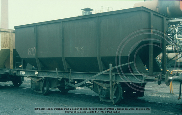 870 Local rebody prototype mark 2 design ex LNER 21T Hopper unfitted  Internal @ Bolsover Coalite 92-11-14 © Paul Bartlett w