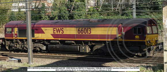 66013 DB [classification JT42CWR built GM - EMD Works no 968702-13 September 1998] @ York Holgate Junction 2023-04-07 © Paul Bartlett [1w]