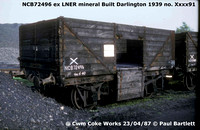 NCB72496 LNER Mineral Darlington 1939 xxxx91Cwm coke works internal user mineral wagons