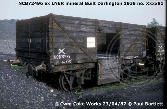NCB72496 LNER Mineral Darlington 1939 xxxx91Cwm coke works internal user mineral wagons