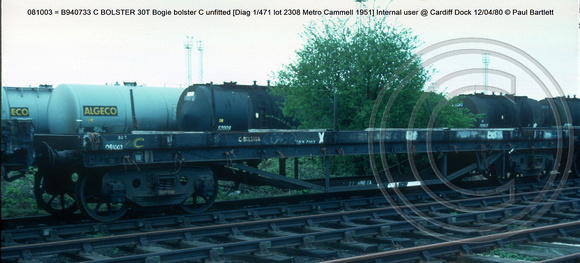 081003 = B940733 C BOLSTER Bogie bolster C unfitted [Diag 1-471 lot 2308 Metro Cammell 1951] Internal user @ Cardiff Dock 80-04-12 © Paul Bartlett w
