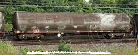 VTG85967 TEA 73t Light fuel oil Tank tare 28.600kg Des. Code TE009S Standard 1987 @ York Holgate Junction 2023-06-19 © Paul Bartlett w