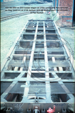 400136 RRA ex SAA bolster wagon as under runner with floor removed ex Diag SA001A Lot 3728 Ashford 1970 @ Northampton PAD 83-03-05 © Paul Bartlett [2w]