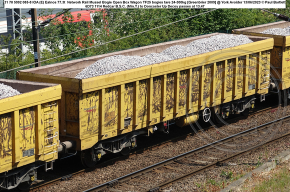 31 70 5992 085-8 IOA (E) Ealnos 77.3t  Network Rail Mussel Bogie Open Box Wagon TF25 bogies tare 24-300kg [Greenbrier 2009] @ York Avoider 2023-06-13 © Paul Bartlett w