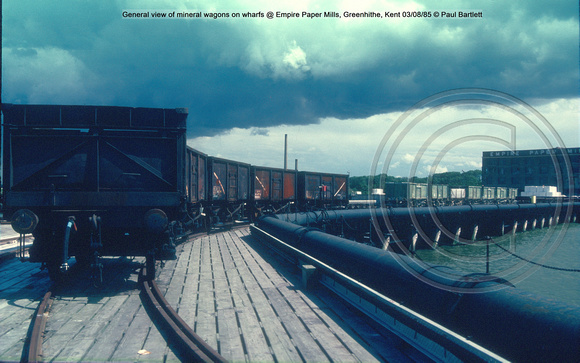 General view of mineral wagons on wharfs @ Empire Paper Mills, Greenhithe, Kent 85-08-03 © Paul Bartlett [2w]