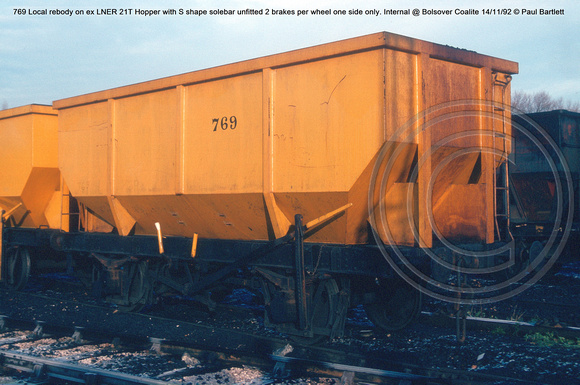 769 Local rebody on ex LNER 21T Hopper with S shape solebar unfitted  Internal @ Bolsover Coalite 92-11-14 © Paul Bartlett w