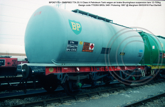 BPO67179 = SMBP663 33.1t Class A Petroleum Tank wagon air brake Design code TT026X BRSc 3461 Pickering 1967 @ Margham 91-03-09 © Paul Bartlett w