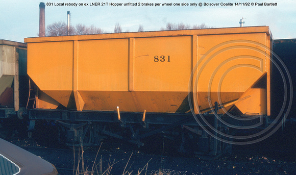 831 Local rebody on ex LNER 21T Hopper unfitted Internal @ Bolsover Coalite 92-11-14 © Paul Bartlett w