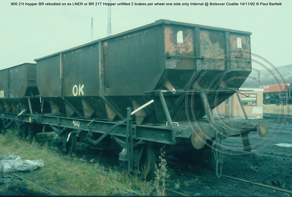 900 21t hopper BR rebodied ex LNER 21T Hopper unfitted Internal @ Bolsover Coalite 92-11-14 © Paul Bartlett w