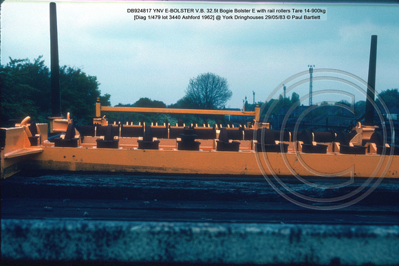 DB924817 YNV E-BOLSTER V.B. Bogie Bolster E with rail rollers [Diag 1-479 lot 3440 Ashford 1962] @ York Dringhouses 83-05-29 © Paul Bartlett [2w]