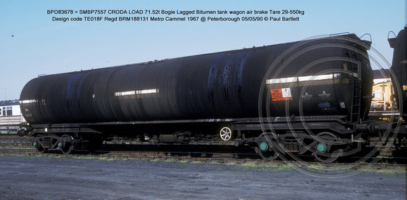 BPO83678 = SMBP7557 CRODA Bogie Lagged oil tank wagon AB Design code TE018F @ Peterborough 90-05-05 � Paul Bartlett w