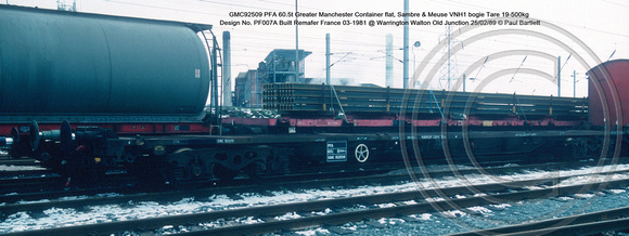 GMC92509 PFA Greater Manchester Container flat, Sambre & Meuse VNH1 bogie Design No. PF007A Built Remafer France 03-1981 @ Warrington Walton Old Junction 89-02-25 © Paul Bartlett w