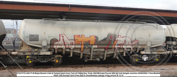 VTG11710 JGA 77.8t Bogie Buxton Lime & Cement livery Tare 23-740kg Des. Code JG016B Arbel Fauvet 2003 @ York Holgate Junction 2024-09-25 © Paul Bartlett [2w]