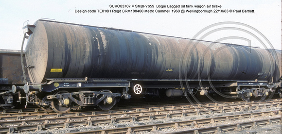 SUKO83707 = SMBP7659  Bogie Lagged oil tank wagon AB Design code TE018H @ Wellingborough 83-10-22 � Paul Bartlett w