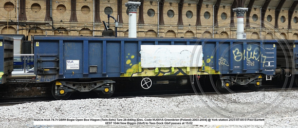 502034 MJA 78.7t GBRf Bogie Open Box Wagon (Twin-Sets) Tare 28-840kg [Des. Code MJ001A Greenbrier (Poland) 2003-2004] @ York station 2023-07-05 © Paul Bartlett w