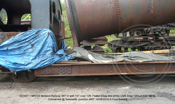021407 = MR723 Midland Railway 35T Flatrol [Diag Mid D702, LMS Diag 120 Lot 826 1913] Conserved @ Swanwick Junction MRT 2016-08-14 © Paul Bartlett [3w]