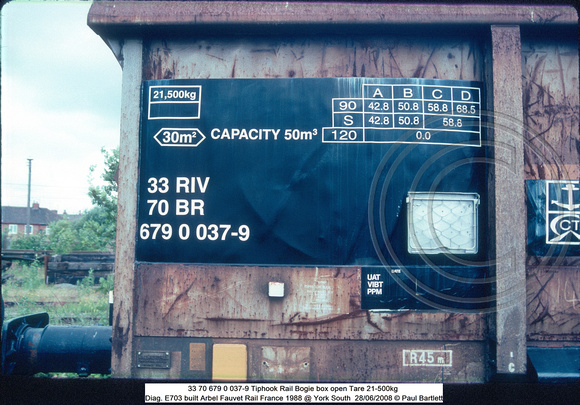 33 70 679 0 037-9 Tiphook Rail Bogie box open Diag. E703 built Arbel Fauvet Rail France 1988 @ York South  2008-06-28 © Paul Bartlett [2w]