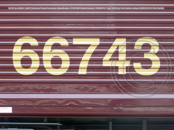 66743 [ex 66842, 66407] Belmond Royal Scotsman [classification JT42CWR Works No 20038515-7 built 2003] @ York Station sidings 2016-08-09 © Paul Bartlett [04w]
