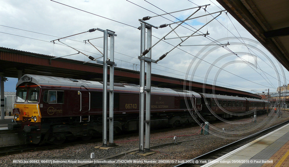 66743 [ex 66842, 66407] Belmond Royal Scotsman [classification JT42CWR Works No 20038515-7 built 2003] @ York Station sidings 2016-08-09 © Paul Bartlett [01w]