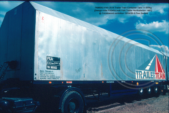 TN96002 PXA 20.5t Trailer Train Container [Design code PX040A built York Trailer Northallerton 1987] @ Cricklewood exhibition 89-04-15 © Paul Bartlett w