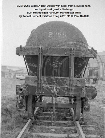 SMBP2065 tank wagon with Steel frame, riveted tank, bracing wires Built 1915 @ Tunnel Cement, Pitstone Tring 26-01-91 © Paul Bartlett [05w]