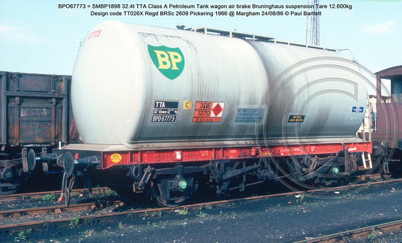 BPO67773 = SMBP1898 TTA Class A Petroleum Tank wagon air brake Bruninghaus suspension Design code TT026X Regd BRSc 2609 Pickering 1966 @ Margham 86-08-24 © Paul Bartlett w