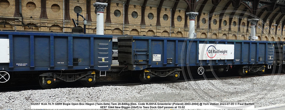 502057 MJA 78.7t GBRf Bogie Open Box Wagon (Twin-Sets) Tare 28-840kg [Des. Code MJ001A Greenbrier (Poland) 2003-2004] @ York station 2023-07-05 © Paul Bartlett w