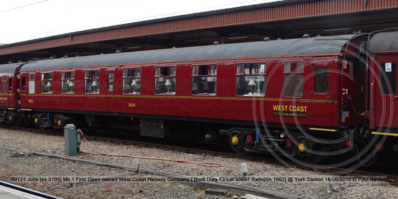 99121 Julia [ex 3105] Mk 1 First Open owned West Coast Railway Company [ [built Diag 73 Lot 30697 Swindon 1962] @ York Station 2016-06-18 © Paul Bartlett [2w]