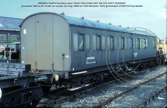 DM395912 Staff & Dormitory coach TRACK RELAYING UNIT @ Northwich 79-05-27 � Paul Bartlett W
