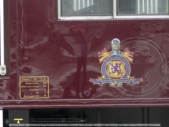 66743 [ex 66842, 66407] Belmond Royal Scotsman [classification JT42CWR Works No 20038515-7 built 2003] @ York Station sidings 2016-08-09 © Paul Bartlett [09w]