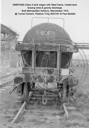SMBP2065 tank wagon with Steel frame, riveted tank, bracing wires Built 1915 @ Tunnel Cement, Pitstone Tring 26-01-91 © Paul Bartlett [12w]