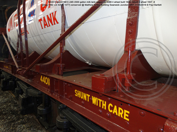 M44018 [ex041961] LMS 2000 g milk tank wagon 1937 -8 [Diag 1992 Lot 425 & 1077] conserved @ Matthew Kirtley Building Swanwick Junction MRT 2016-05-21 © Paul Bartlett [5w]