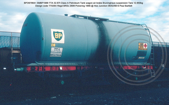 BPO67864= SMBP1988 TTA Class A Petroleum Tank wagon air brake Bruninghaus suspension Design code TT026X Regd BRSc 2699 Pickering 1966 @ Hoo Junction 88-02-06 © Paul Bartlett [1w]