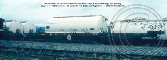 GMC92519 PFA Greater Manchester Container flat, Sambre & Meuse VNH1 bogie Design code PF007B Contract no. 88 Standard 7-1982 @ Standard Wagon Heywood 89-02-28  © Paul Bartlett [1w]