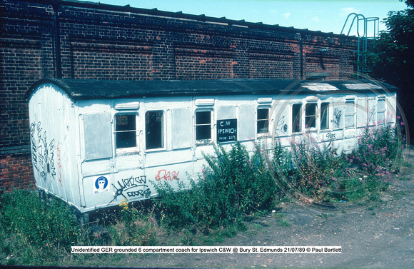 Unidentified GER grounded 6 compartment coach for Ipswich C&W @ Bury St. Edmunds 89-07-21 © Paul Bartlett [2w]